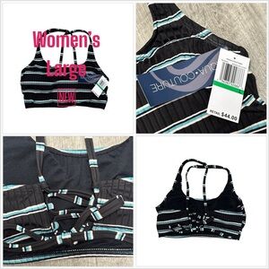Aqua Couture Large Bikini Top Front Wirefree Padded Bra Stripe Black Blue NWT